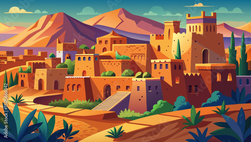 Traditional Moroccan architecture shines in Ait Benhaddou, where earthen clay buildings create a captivating scene, blending history and culture in this famous World Heritage site’s timeless beauty.

