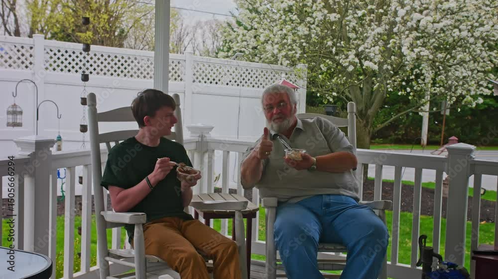 Two family members, a young man and an elderly man, savor ice cream while seated on rocking chairs on a porch surrounded by blooming trees during springtime. Two family members, a young man and an elderly man, savor ice cream while seated on rocking chairs on a porch surrounded by blooming trees during springtime.