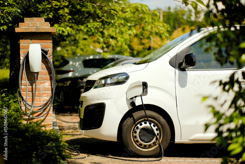 Electric Delivery Van Charging at Residential EV Station in Green Surroundings