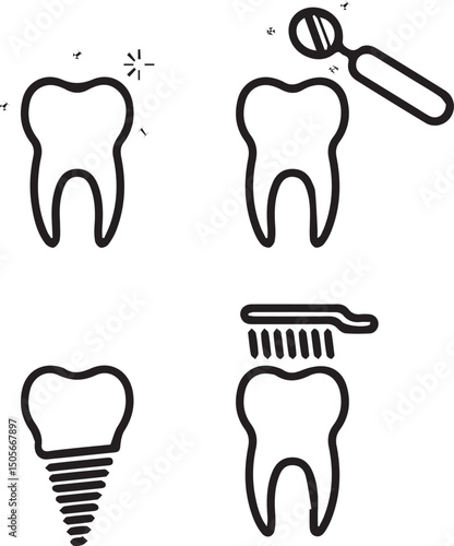 Dental Health Illustrations: A collection of minimalist line drawings showcasing various aspects of dental health, including a healthy tooth, dental tools, dental implant and brushing.