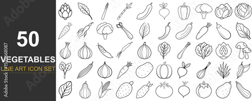 50 Line Art Vector Icons of Global Vegetables and Roots Including Taro, Lotus Root, Daikon, Fennel, Asparagus, and Mushrooms – Monoline Style for Farm-to-Table, Vegan Recipes, and Packaging