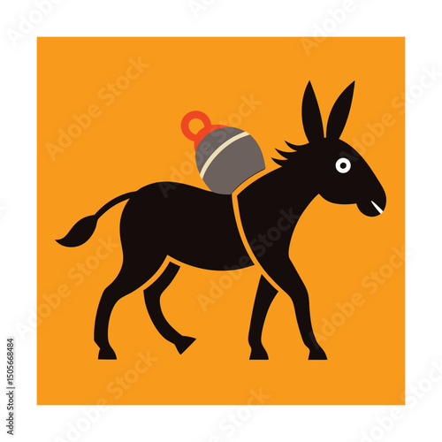 Stylized illustration of a black donkey carrying cargo with orange background and white square