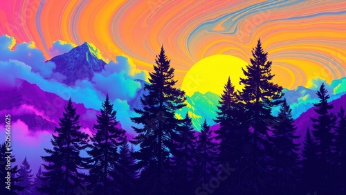 Wallpaper Mural Vibrant Psychedelic Sunset Over Majestic Mountains and Silhouetted Pine Trees Torontodigital.ca