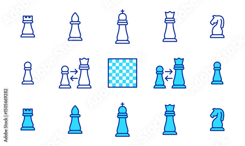 Chess Game Icons Set: Strategy, Board, Pieces, Checkmate, Competition, Minimalist Filled Line Vector
