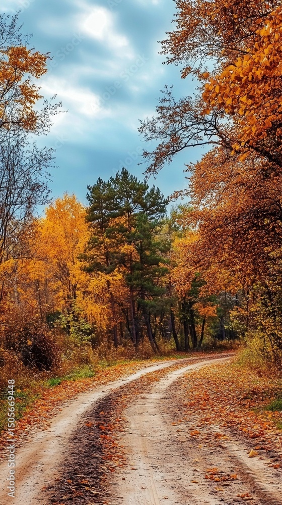 Winding dirt road through a vibrant autumn forest, showcasing orange and yellow foliage under a moody sky, ideal for nature lovers and seasonal photography enthusiasts. Winding dirt road through a vibrant autumn forest, showcasing orange and yellow foliage under a moody sky, ideal for nature lovers and seasonal photography enthusiasts.