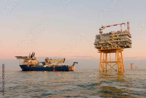 Offshore DP3 Cable Laying Vessel Deploying Subsea Cable Next To Substation Installation During Wind Farm Construction