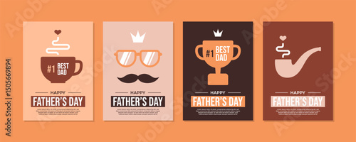 Happy Father's Day poster template collection with a cup of coffee. a moustache, a trophy, and a smoking pipe