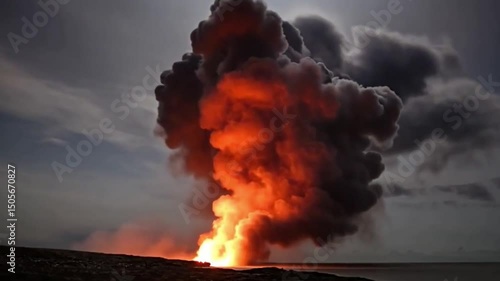 A Huge Column of Orange Flames and Black Smoke Rises Dramatically at Dusk