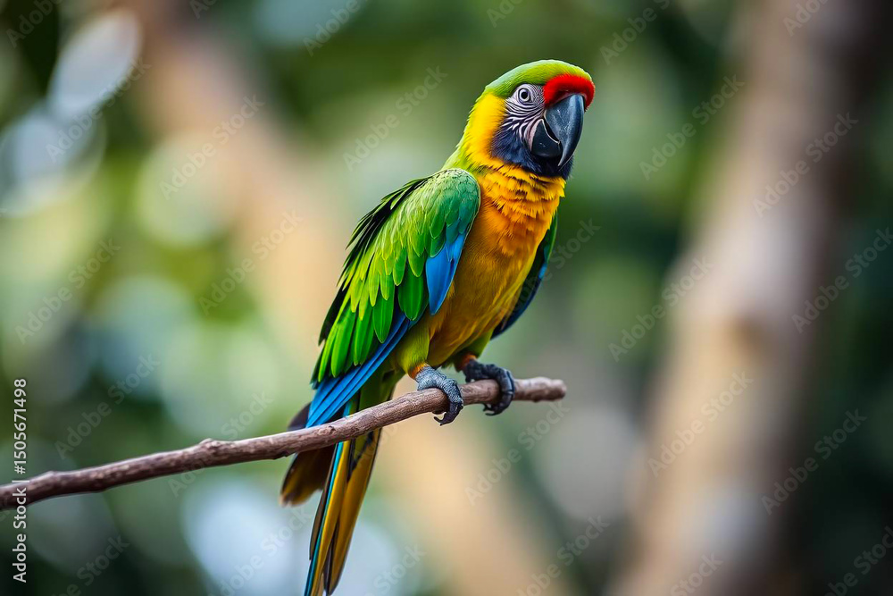 Obraz premium Magnificent Green-Winged Macaw Perched on a Tree Branch, Displaying Its Vivid Red, Green, and Blue Plumage in a Tropical Setting, Vibrant Wallpaper
