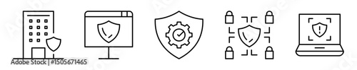 Conjunto de iconos de ciberseguridad corporativa. Protección, defensa, monitoreo. Empresa blindada, seguridad en sistemas, validación de procesos, red protegida, análisis de amenazas