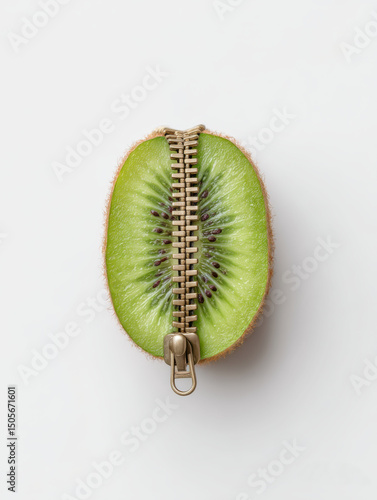 Zipped Fruit Concept: macro conceptual shot of a bright kiwi  half 