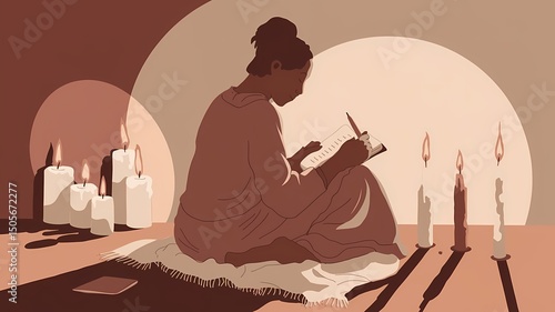 A tranquil and atmospheric illustration of a person sitting on the floor with a soft blanket, journa