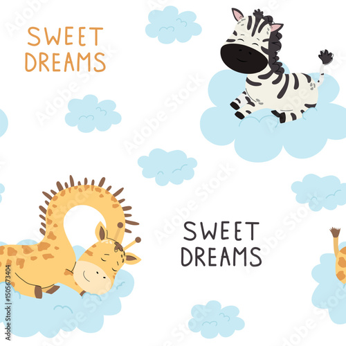 Children’s animals pattern with zebra and giraffe. Sleepy baby animals with cloud and rainbow. Vector illustration for fabric, textile, wallpaper, wrapping paper
