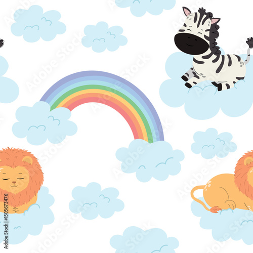 Cute seamless pattern with lion and zebra. Sleepy baby animals with cloud and rainbow. Vector illustration for fabric, textile, wallpaper, wrapping paper