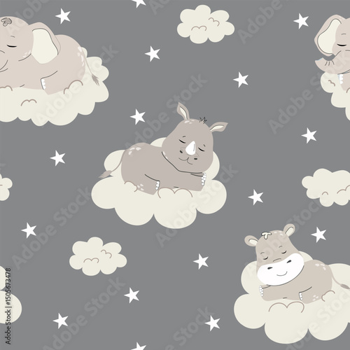 Children’s boho animals seamless pattern. Sleepy baby animals with cloud and rainbow. Vector illustration for fabric, textile, wallpaper, wrapping paper