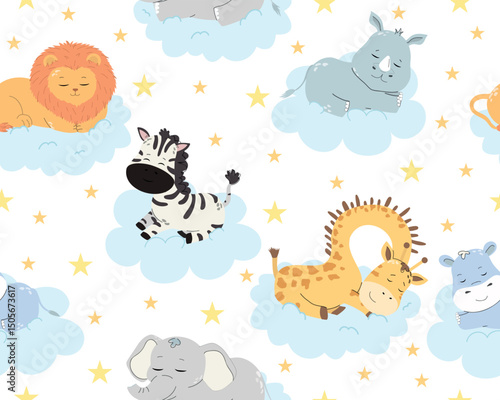 Sleeping animals children’s pattern. Cute cartoon safari animals on clouds vector illustration for fabric, textile, wallpaper, wrapping paper