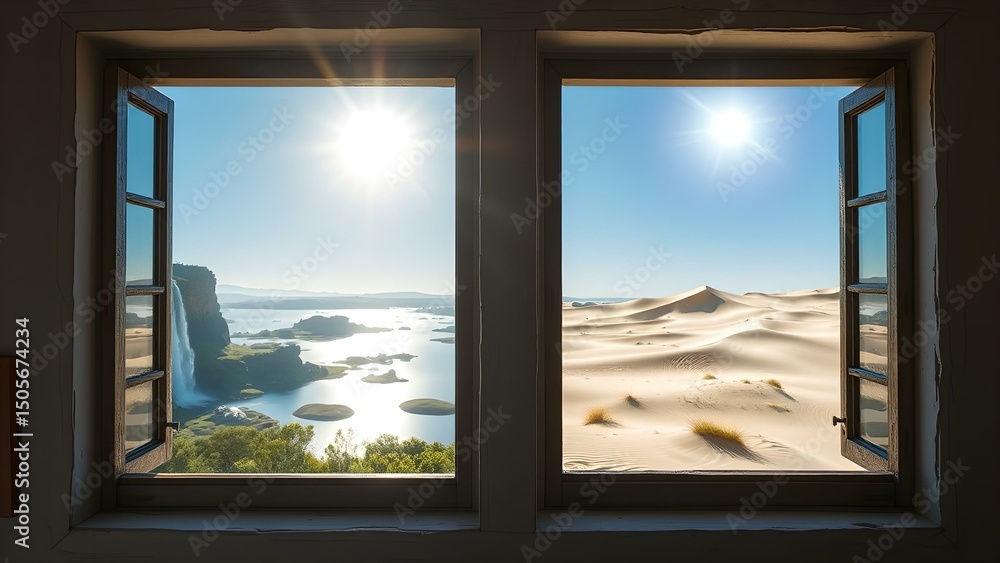 Fototapeta premium Contrasting worlds: View from the window of a waterfall oasis and desert dunes. Concept: Dichotomy, saving nature, landscapes