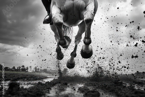 Horse mid-jump over obstacle in sports competition