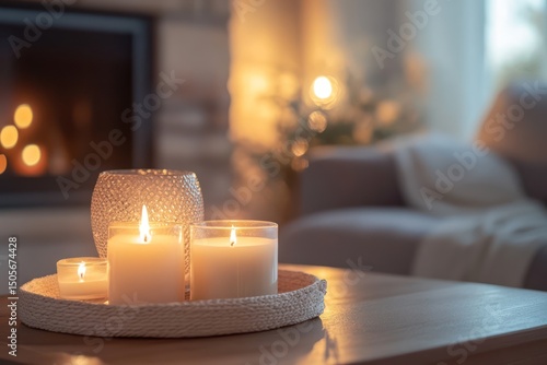 Warm cozy living room with fireplace and candles