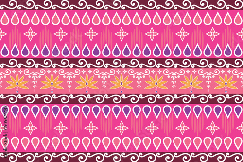 Pakistani or Indian truck art vector seamless unique pattern features floral motifs, teardrop shapes, swirls, and geometric elements in pink, purple, and yellow. Perfect for ethnic backgrounds, folk.