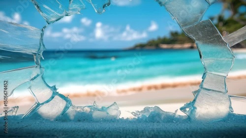 Crystal clear waters seen through broken glass on a sunny beach