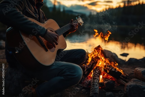 Campfire guitarist playing at sunset