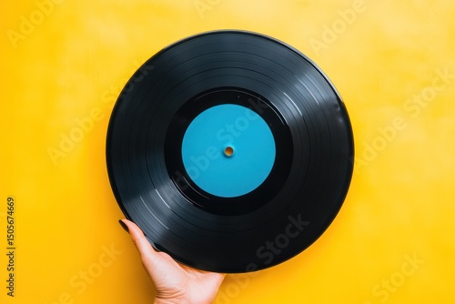 Vinyl record on yellow background music concept