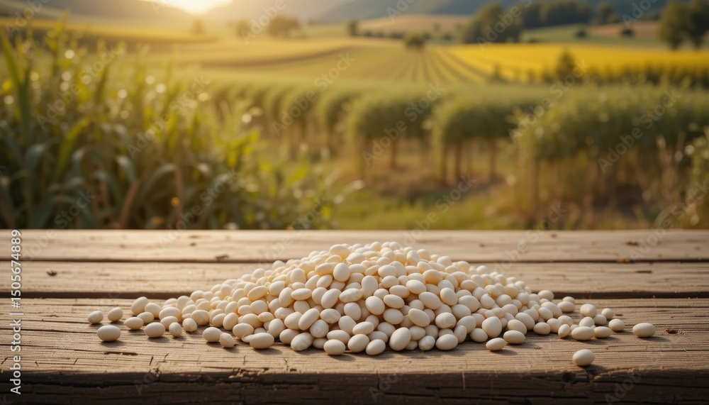 Obraz premium Harvested White Beans on Rustic Table with Sunny Field Background