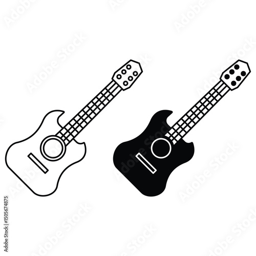 Electric acoustic musical instrument guitar icon silhouette and outline vector illustration for music performance sound concert string band rock.