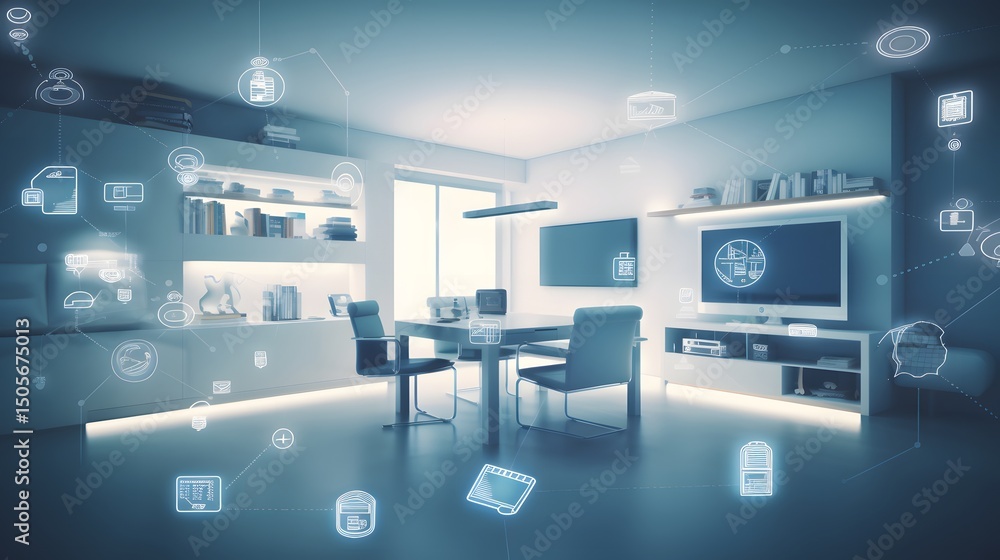 Futuristic smart home technology interface living room automation digital network concept Futuristic smart home technology interface living room automation digital network concept