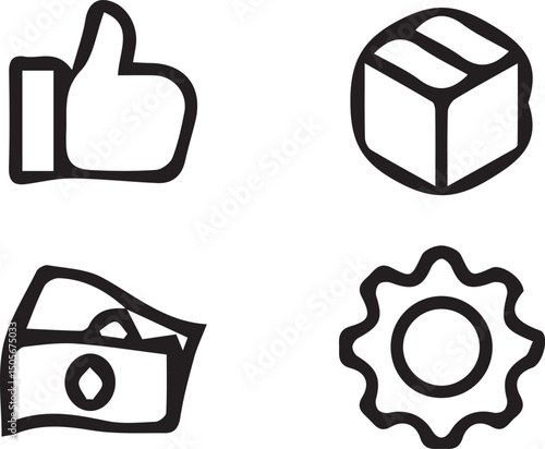 Icon Set: A minimalist collection of hand-drawn icons showcasing user interface and business essentials, crafted with a touch of artistic flair.