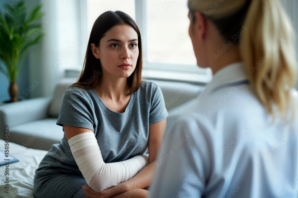 Brunette woman with lymphedema disease sits on a medical couch, her arm bandaged with elastic compression bandage. The patient looks at a woman doctor in front of her. Brunette woman with lymphedema disease sits on a medical couch, her arm bandaged with elastic compression bandage. The patient looks at a woman doctor in front of her.