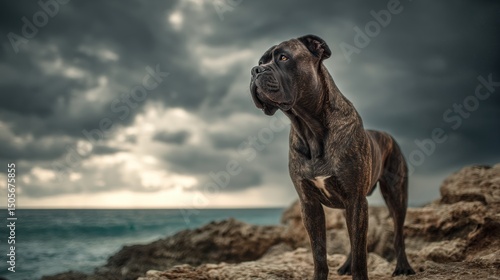Dark brindle Cane Corso on stormy Italian coastline