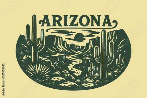 Arizona desert landscape with cacti engraving style vector illustration	