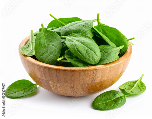 a bowl of fresh spinach isolated on a white background