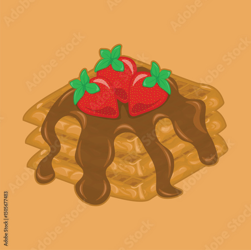 Vector illustration of a pancake food with chocolate sauce and strawberry topping