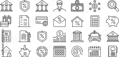 Isolated Loan And Lending Line Art Icon Collection, Editable Black Stroke, Modern Style, Financial Symbols, Banking Elements, Credit Icons, Minimal Vector Design, Clean Line Illustration
