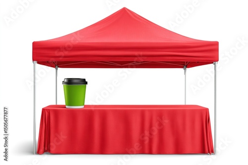 Red tent set up for a coffee stand with a green cup on display at an outdoor market