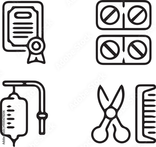 Essentials in Medical Practice: An assortment of vital elements in healthcare, including a certificate, a set of pills, a drip bag, and a pair of scissors with a comb.