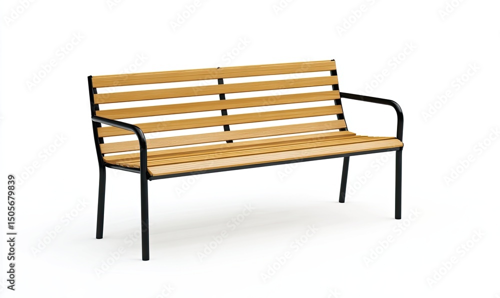 Outdoor wooden park bench. Features slatted wooden seat and back, with metal arms and legs Outdoor wooden park bench. Features slatted wooden seat and back, with metal arms and legs