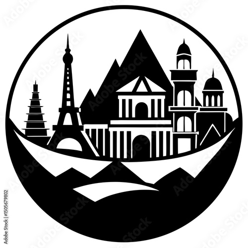 Famous World Landmarks in Unique AI Art Design Style Line Art Vector illustration
