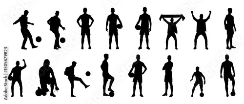 A set of people standing in different poses of soccer players and a vector of soccer players