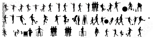 A set of people standing in different poses of soccer players and a vector of soccer players