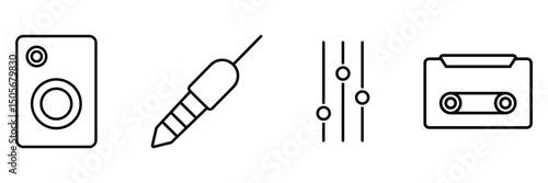 Audio equipment icon vector illustration set with speaker jack equalizer cassette music tools technology retro minimal line design.