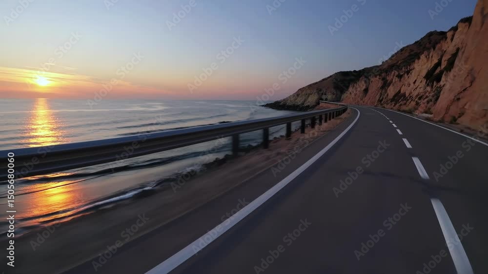 POV video of car driving forward on coastal road at sunset with ocean view and cliffs, scenic highway journey, ideal for travel, freedom, and summer road trip content