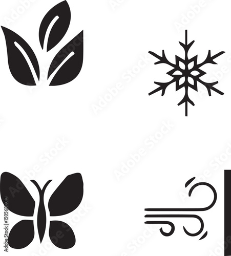 Abstract Season Symbols: Graphic collection of minimalist icons represent each season and its key elements - leaf, snowflake, butterfly, and wind, embodying the essence of the four seasons.