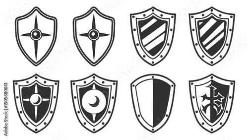A set of heraldic shield emblems with secure metal and chrome designs for protection