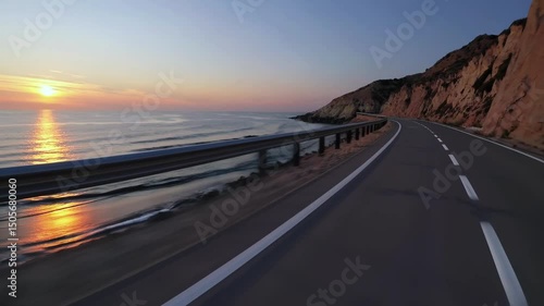 POV video of car driving forward on coastal road at sunset with ocean view and cliffs, scenic highway journey, ideal for travel, freedom, and summer road trip content