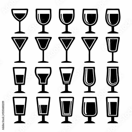 Minimalist Vector Drink Glasses Icon Set.