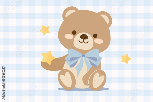 Cute baby shower invitation card for baby and kids newborn celebration. Its a boy card with plush toy cute teddy bear vector flat illustration.